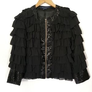 French Connection Black Ruffle Sequin Zip Front Jacket Size 2